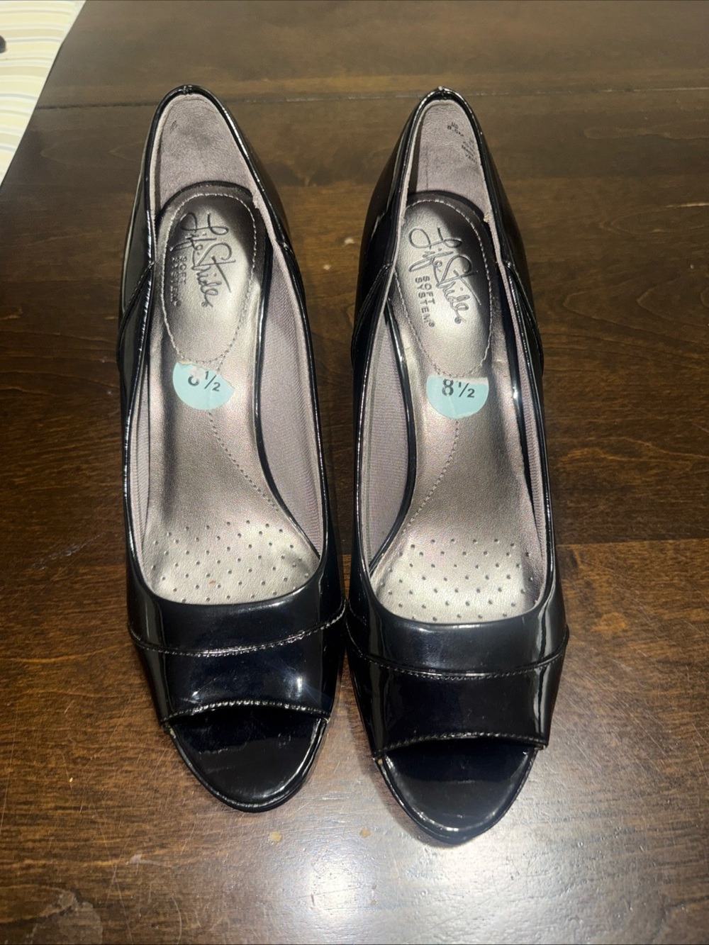 Life Stride Black Patent Open-Toe Pumps